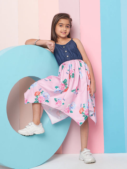 Girls Shoulder Straps Floral Print Denim A-Line Midi Dress